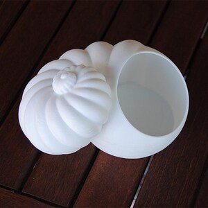 May include: A white, seashell-shaped decorative bowl. The bowl has a spiral design on one side and a circular opening on the other. The bowl is made of a smooth, matte material and sits on a dark wooden surface.