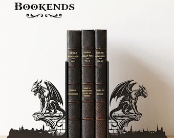Gargoyle Bookends – Gothic Bookends Set, 3D Printed PLA Shelf Decor, Black Matte Fantasy Book Holder, Dark Academia Home Decor