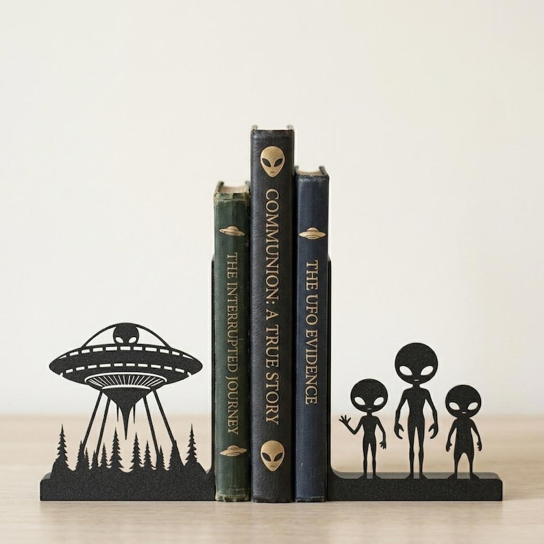 Alien UFO Bookends, Sci-Fi Bookshelf Decor, Abduction Flying Saucer Book Ends, Roswell Outer Space Gift for Book Lovers, Unique Book Holder imagen 1