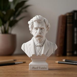 Mark Twain-byst, litterär gåva för författare, 3D-tryckt statyett, berömd författarfigur, skrivbordsdekor, present till bokälskare, bibliotekariedekor