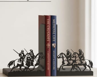 Cavalry Bookends – Knight Horse Bookends, Matte Black PLA Book Ends, 3D Printed Bookshelf Decor with Medieval Illustration Style
