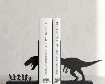 Dino Attack Bookends 3D Printed | T-Rex Silhouette Shelf Decor | Jurassic Book Support | Math / Science Reader Gift | Matte Black PLA