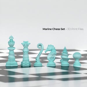 Marine Chess Set STL – Sea Themed 3D Printable Chess Pieces – Ocean Decor Game – Digital Download