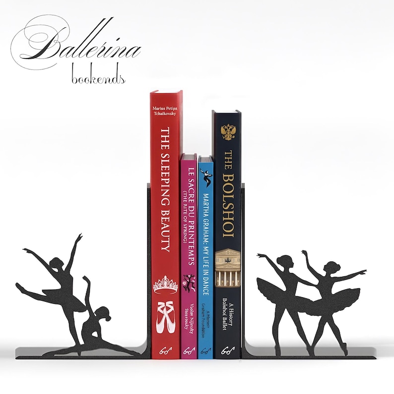 Ballerina Bookends - 3D Printed Dance Bookshelf Decor - Elegant Ballet Dancer Silhouette Book Ends - Matte Black Gift for Dancers & Teachers image 1