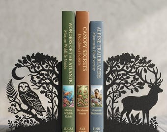 Guardians of the Forest Bookends, Forest Animal Bookends, Owl and Stag Bookshelf Decor, Nature Lover Gift, Matte Black Book Ends Pair
