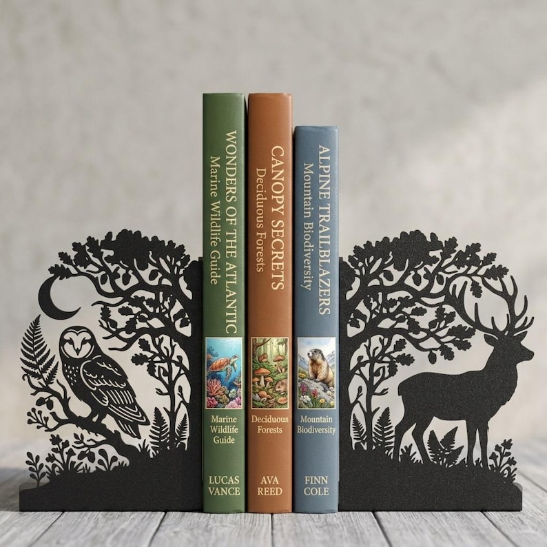 Guardians of the Forest Bookends, Forest Animal Bookends, Owl and Stag Bookshelf Decor, Nature Lover Gift, Matte Black Book Ends Pair imagen 1