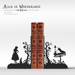 Suportes para livros inspirados em Alice no País das Maravilhas – Suportes para livros com silhuetas em preto fosco, decoração fantástica para prateleiras, impressão 3D, presente para leitores | Frete grátis