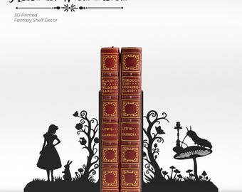 Alice in Wonderland Inspired Bookends – Matte Black Silhouette Book Ends, Fantasy Shelf Decor, 3D Printed, Gift for Readers | Free Shipping