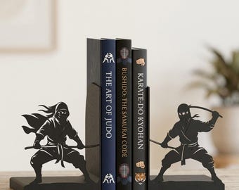 Ninja Bookends, Matte Black Shinobi Book Ends for Bookshelf, Martial Arts Book Holder, Japanese Warrior Decor, Gift for Manga & Anime Lovers