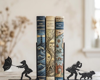 Windy Day Bookends, Rainy Day Book Ends with Umbrella and Dog Walker Silhouette, Matte Black Shelf Decor, Gift for Readers and Book Lovers