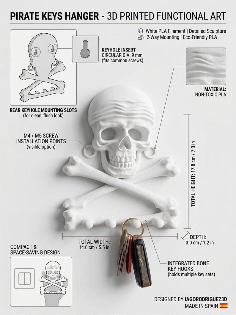 Puede incluir: Un colgador de llaves blanco impreso en 3D con forma de calavera y tibias cruzadas con ganchos integrados. Mide 14,0 cm de ancho, 17,8 cm de alto y 3,0 cm de profundidad. El texto dice PIRATE KEYS HANGER - 3D PRINTED FUNCTIONAL ART.