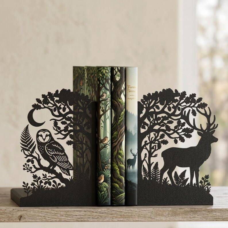 Guardians of the Forest Bookends, Forest Animal Bookends, Owl and Stag Bookshelf Decor, Nature Lover Gift, Matte Black Book Ends Pair imagen 2