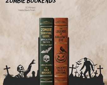 Zombie Bookends – Moonlit Graveyard Horror Collectible – Matte Black PLA 3D Printed Miniature – Creepy Cute Halloween Decor