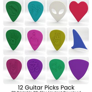 12 gitarrplektrum STL-paket – 3D-utskrivbara plektrum – Unika gitarrplektrumdesigner – Haj-, blixt-, utomjordings-, rocksymboler – Direktnedladdning