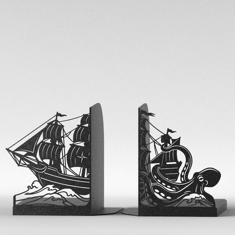 Kraken and Ship Bookends, Nautical Decor for Bookcase, Matte Black 3D Printed Book Ends, Sea Monster Bookends, Sailor Gift, Library Decor imagen 2