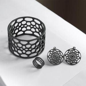 Puede incluir: Una colecci&oacute;n de joyas y accesorios negros calados. El conjunto incluye una pulsera ancha, un anillo y dos colgantes circulares. Los dise&ntilde;os presentan un patr&oacute;n de panal o telara&ntilde;a, creando una est&eacute;tica geom&eacute;trica moderna.