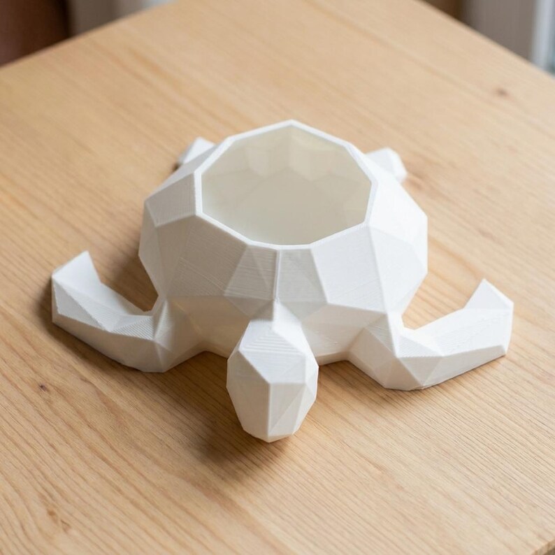 Puede incluir: Una maceta blanca con forma de tortuga geom&eacute;trica. La maceta tiene un cuenco grande y abierto para plantas y cuatro patas cortas. La tortuga est&aacute; hecha de un material duro y liso y se encuentra sobre una superficie de madera clara.