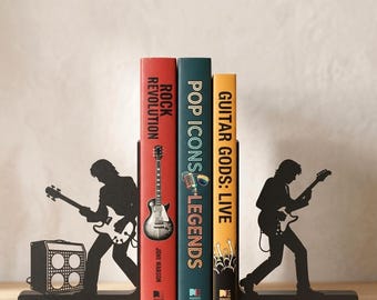 Rock Band Bookends, Guitar Lover Gift, Pop & Rock Musician Shelf Decor, Music Room Bookshelf Accent, Electric Guitar Bookends Pair
