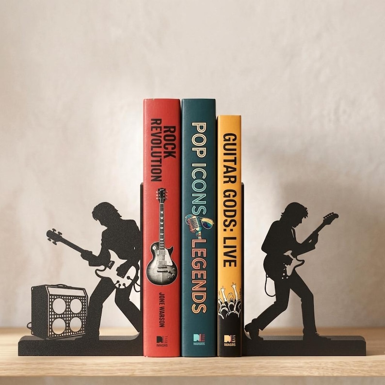 Rock Band Bookends, Guitar Lover Gift, Pop & Rock Musician Shelf Decor, Music Room Bookshelf Accent, Electric Guitar Bookends Pair imagen 1