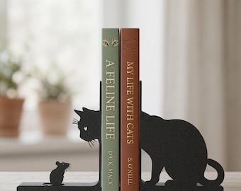 Cat and Mouse Bookends – Modern Black 3D Printed Bookends – Minimalist Cat Silhouette Shelf Decor – Gift for Cat Lovers – Matte PLA