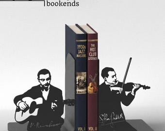Django and Stephane Bookends – 3D Printed PLA Bookends, Jazz Musician Silhouette Bookends, Guitar & Violin Bookends, Music Lover Gift