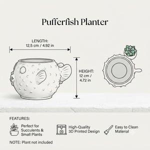 Puede incluir: Una maceta blanca con forma de pez globo, superficie texturizada, aletas laterales y cola. El texto dice Pufferfish Planter. Las dimensiones son 12,5 cm de largo y 12 cm de alto. Incluye dise&ntilde;o impreso en 3D y material f&aacute;cil de limpiar.