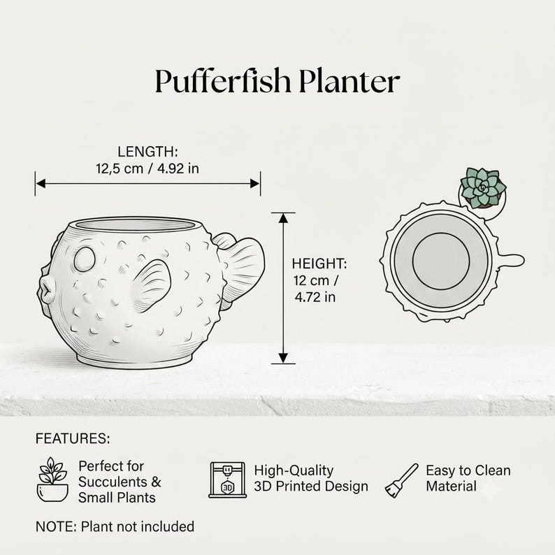 Puede incluir: Una maceta blanca con forma de pez globo, superficie texturizada, aletas laterales y cola. El texto dice Pufferfish Planter. Las dimensiones son 12,5 cm de largo y 12 cm de alto. Incluye dise&ntilde;o impreso en 3D y material f&aacute;cil de limpiar.