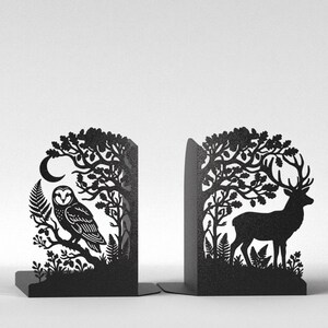 Guardians of the Forest Bookends, Forest Animal Bookends, Owl and Stag Bookshelf Decor, Nature Lover Gift, Matte Black Book Ends Pair imagen 3