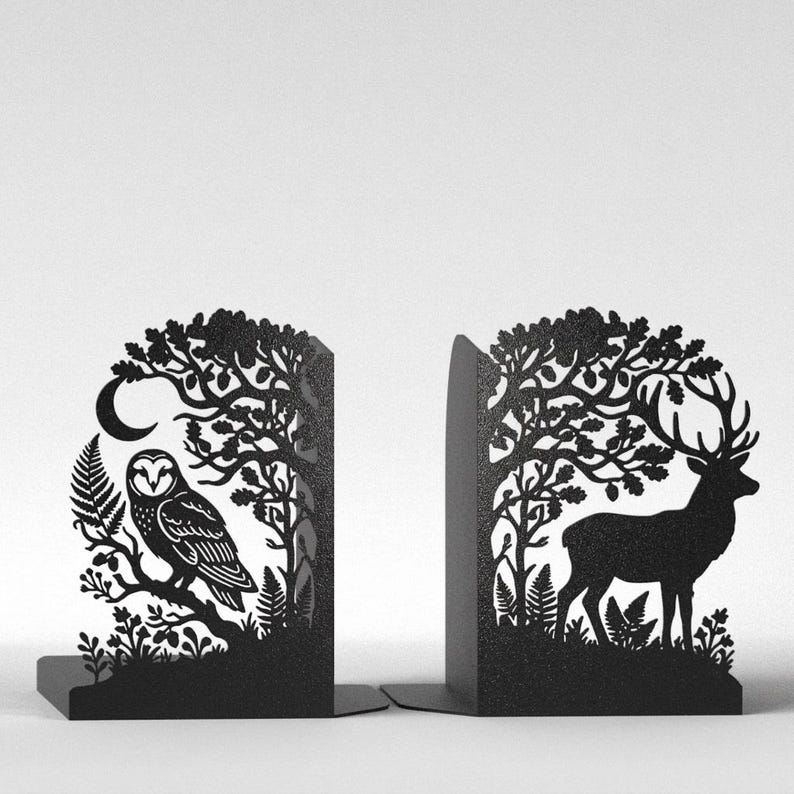 Guardians of the Forest Bookends, Forest Animal Bookends, Owl and Stag Bookshelf Decor, Nature Lover Gift, Matte Black Book Ends Pair imagen 3