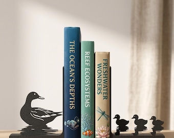 Duck Family Bookends, Matte Black Modern Bookends, Cute Animal Shelf Decor, Mother Duck & Ducklings Nursery Decor, Nature Lover Bookish Gift