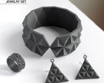 Low Poly Jewelry Set – Geometric Bracelet Earrings Ring – Modern Minimalist Jewelry – 3D Printed Jewelry – Faceted Bracelet Set Gift