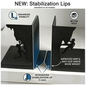 May include: Black metal bookends with a mountain climbing theme. The bookends feature a climber silhouette and the text "NEW: Stabilization Lips". The bookends have an integrated stabilization lip of 1 mm.
