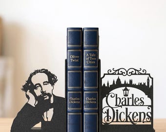 Charles Dickens Bookends – Literary Home Decor – 3D Printed Book Ends for Bookshelves – Matte Black Book Support – Gift for Book Lovers