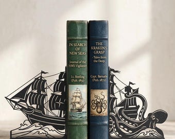 Kraken and Ship Bookends, Nautical Decor for Bookcase, Matte Black 3D Printed Book Ends, Sea Monster Bookends, Sailor Gift, Library Decor