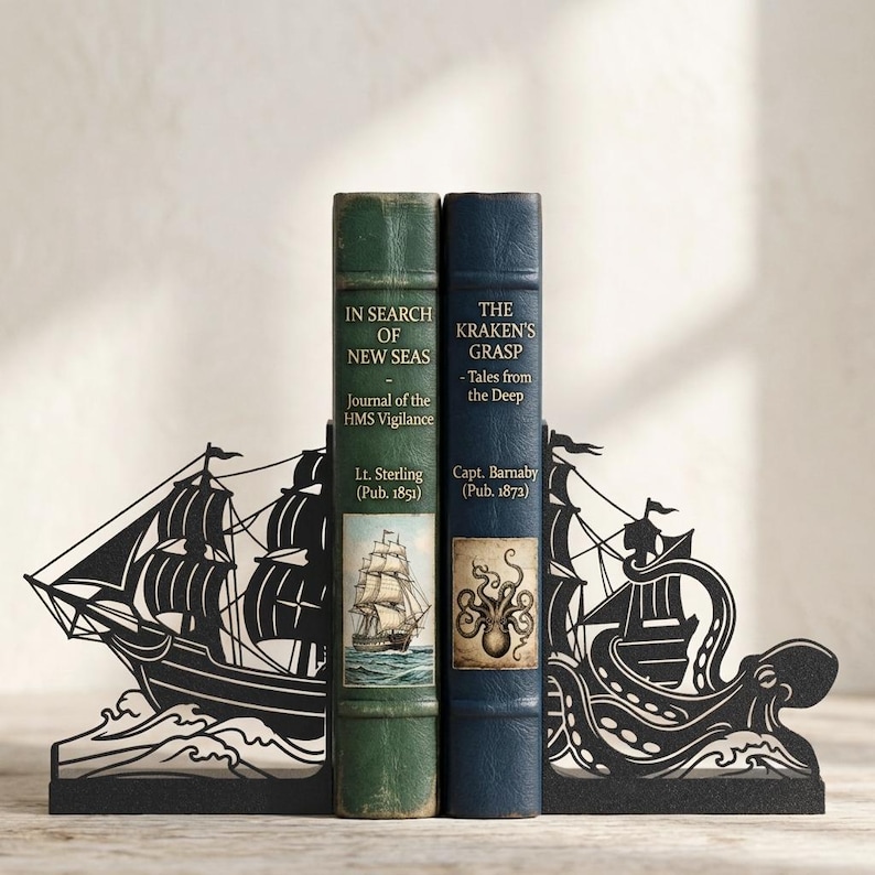 Puede incluir: Un par de sujetalibros de metal negro con un velero en un lado y un pulpo gigante en el otro, que sostienen dos libros de estilo antiguo titulados In Search of New Seas y The Kraken's Grasp, con detalladas ilustraciones n&aacute;uticas.