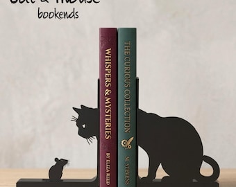 Cat and Mouse Bookends – Modern Black 3D Printed Bookends – Minimalist Cat Silhouette Shelf Decor – Gift for Cat Lovers – Matte PLA