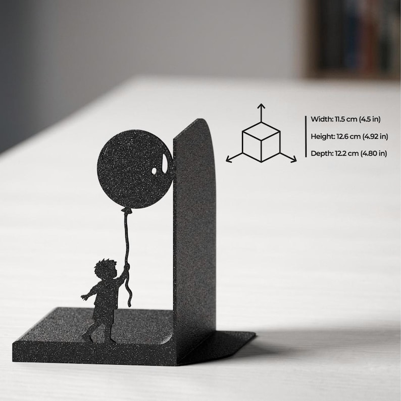 May include: A black metal bookend featuring a silhouette of a child holding a balloon. The product dimensions are listed as 4.5 inches in width, 4.92 inches in height, and 4.80 inches in depth, accompanied by a small cube diagram with directional arrows.