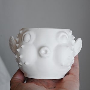 Puede incluir: Una maceta blanca mate impresa en 3D con forma de pez globo. El recipiente presenta un cuerpo redondeado con p&uacute;as puntiagudas en relieve por toda la superficie, dos ojos circulares, una boca peque&ntilde;a fruncida y dos aletas laterales.