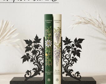Grapevine Bookends Pair, Botanical Leaf Book Holders, Decorative Matte Black Bookshelf Accent, Nature Lovers Gift, Plant Shelf Decor