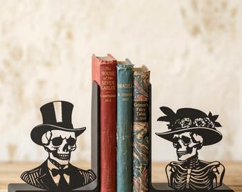 Oldtimers Bookends, Vintage Skull Bookends Pair, Victorian Skeleton Couple Bookends, Matte Black Decorative Bookends, Gothic Home Decor Gift