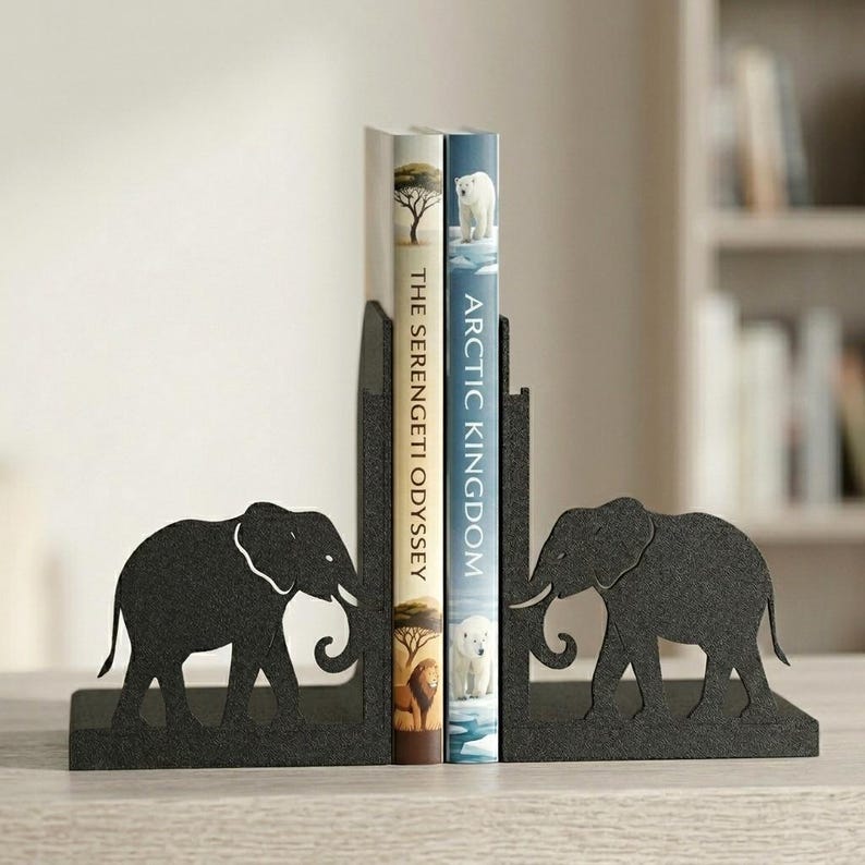 May include: Black metal elephant bookends with a cutout design. The bookends are holding two books with titles "The Serengeti Odyssey" and "Arctic Kingdom". The bookends are on a light-colored wooden surface.