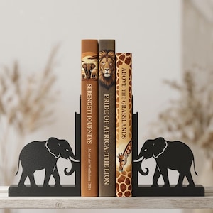 Elephant Bookends Pair, Matte Black 3D Printed Book Ends, Safari Animal Bookshelf Decor, Eco-Friendly PLA Modern Book Holders image 1