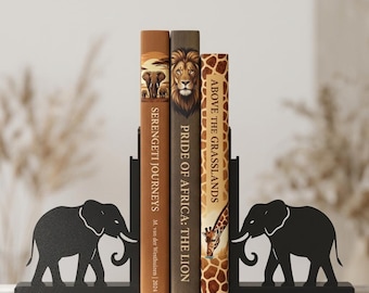 Elephant Bookends Pair, Matte Black 3D Printed Book Ends, Safari Animal Bookshelf Decor, Eco-Friendly PLA Modern Book Holders
