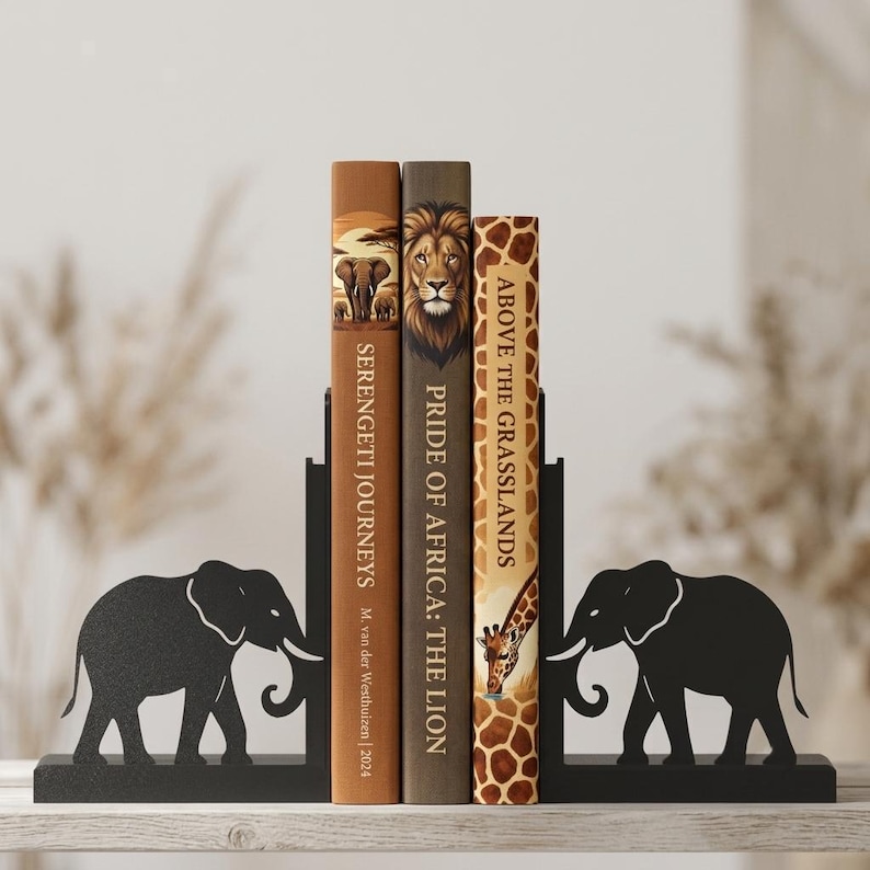Elephant Bookends Pair, Matte Black 3D Printed Book Ends, Safari Animal Bookshelf Decor, Eco-Friendly PLA Modern Book Holders image 1