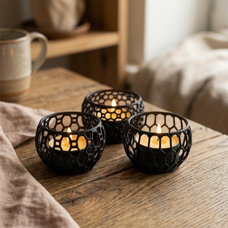 Set of 3 Geometric Tealight Holders • Modern 3D Printed Candle Holders • Matte Black Minimalist Home Decor • Free Worldwide Shipping image 1