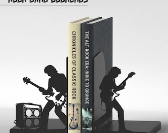 Rock Band Bookends – Guitarist Silhouette Book Ends – Modern Music Decor – 3D Printed Matte Black PLA – Gift for Music Lovers