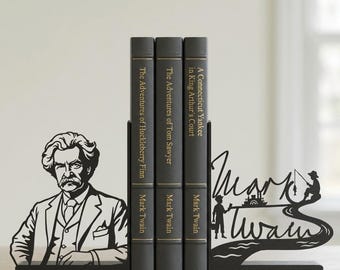 Mark Twain Bookends, Literary Bookends, Classic Books Decor, Bookish Gift for Readers, American Literature Library Shelf Decor Set