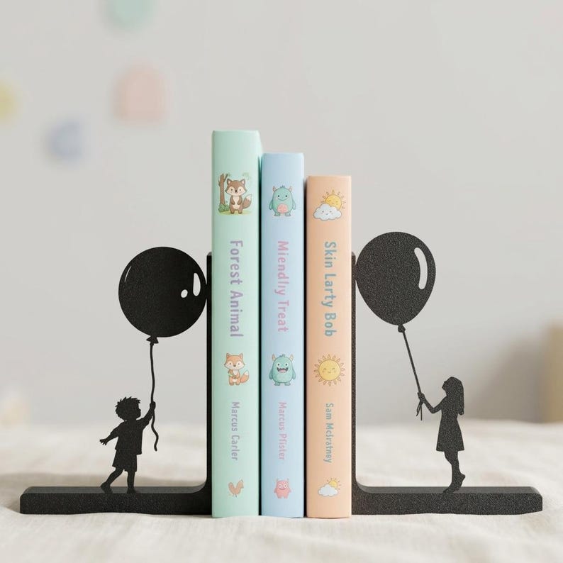 May include: A pair of black metal bookends featuring silhouettes of a child holding a balloon on each end. The bookends support three books with spines titled Forest Animal by Marcus Carter, Miendliy Treat by Marcus Pfister, and Skin Larty Bob by Sam Mcbratney.