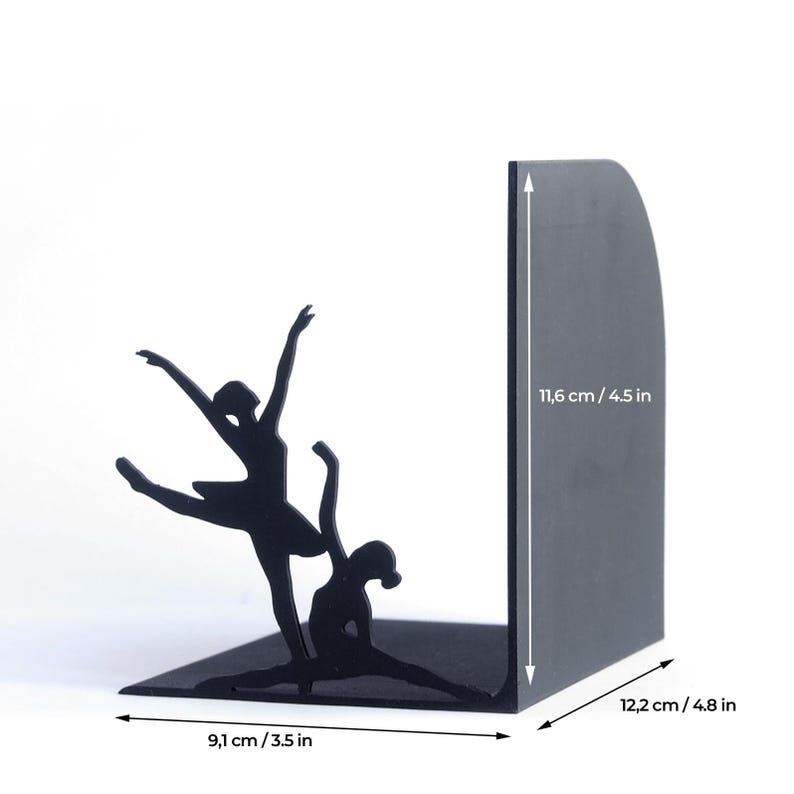May include: Black metal bookends featuring silhouettes of two ballerinas in graceful poses. The bookends measure 4.5 inches high, 3.5 inches wide, and 4.8 inches deep, providing a stylish and functional way to organize books.