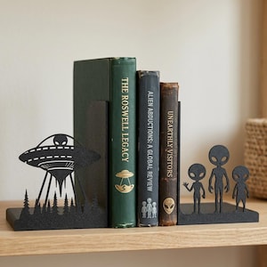 Alien UFO Bookends, Sci-Fi Bookshelf Decor, Abduction Flying Saucer Book Ends, Roswell Outer Space Gift for Book Lovers, Unique Book Holder imagen 2